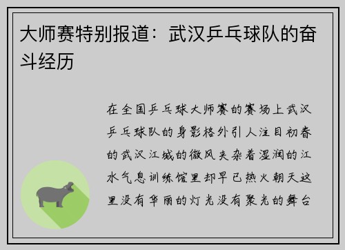 大师赛特别报道：武汉乒乓球队的奋斗经历