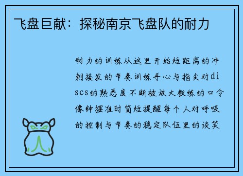 飞盘巨献：探秘南京飞盘队的耐力